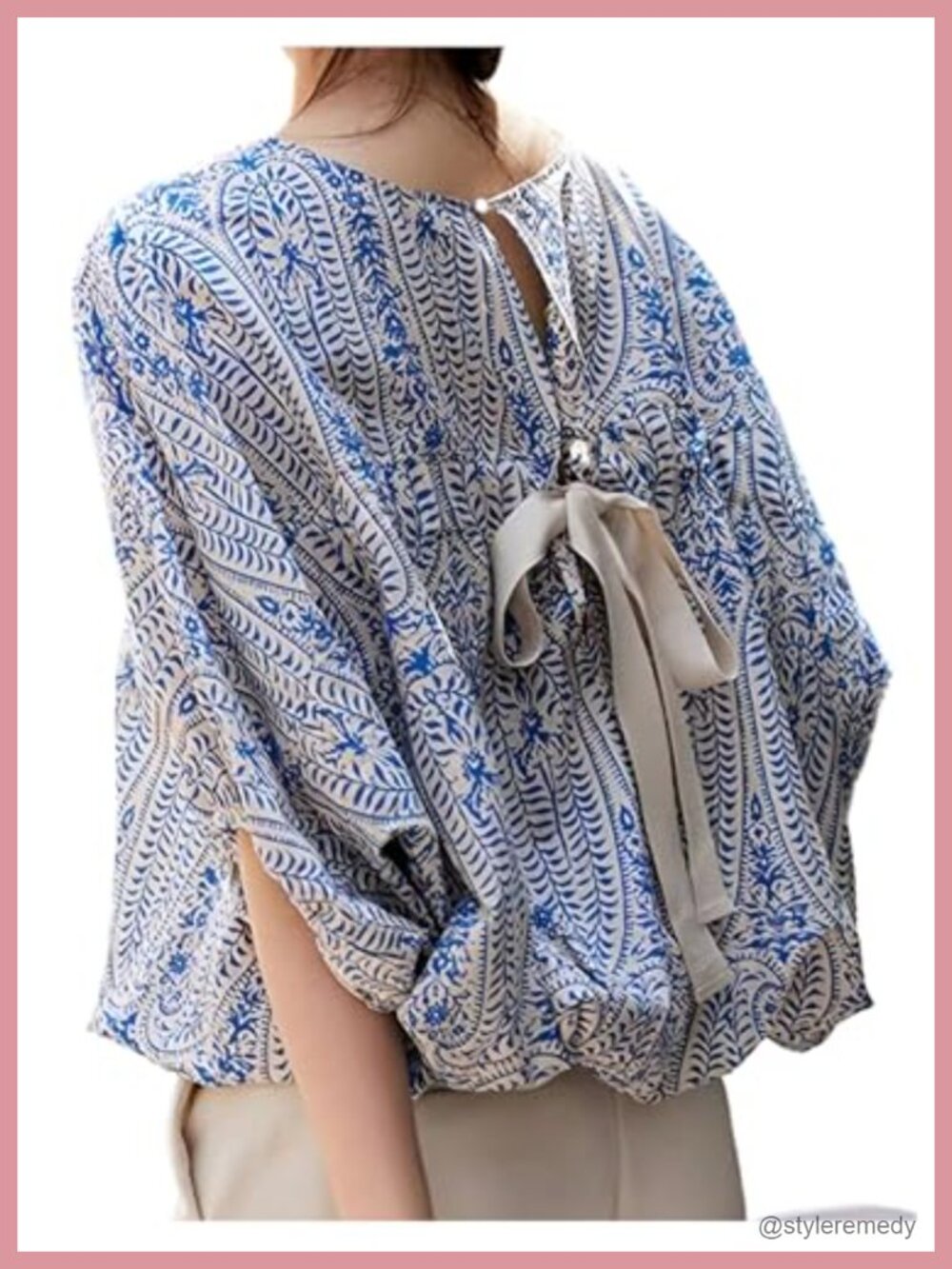 Women's Puff Sleeve Boho Blouse Keyhole Bow Back Bubble Hem Dressy Top